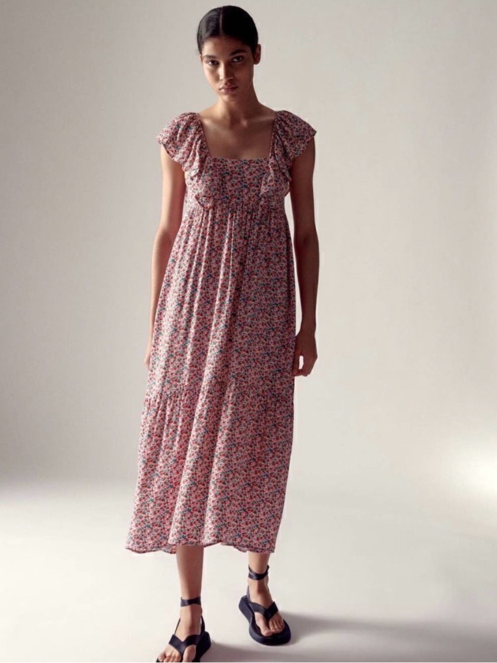 Zara Pink Floral Maxi Dress with Square Neck and Flutter StrapsNWOT